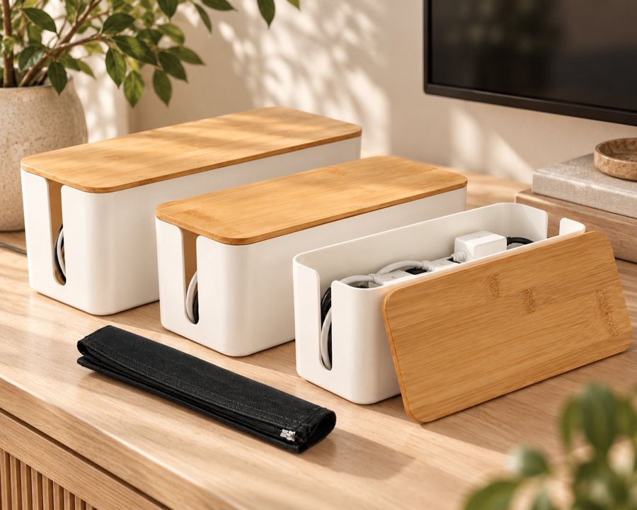 Three white cable boxes with bamboo lids on a wood console beside a television