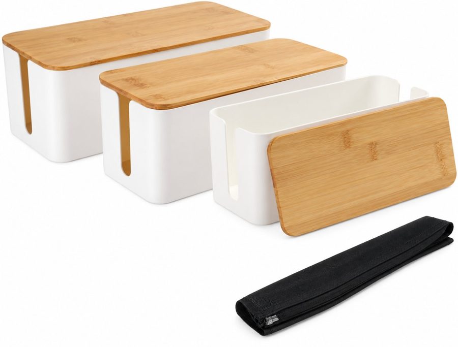 Set of three white cable management boxes with bamboo lids and a black zippered cable sleeve