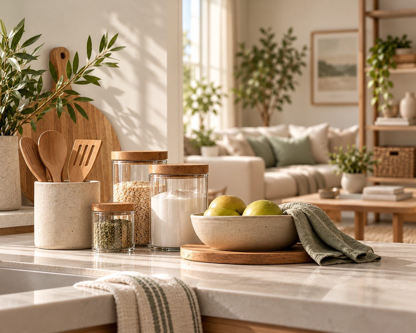 Sunlit kitchen counter with glass storage jars, wooden utensils, a bowl of pears and a sage green towel, with a living room in the background