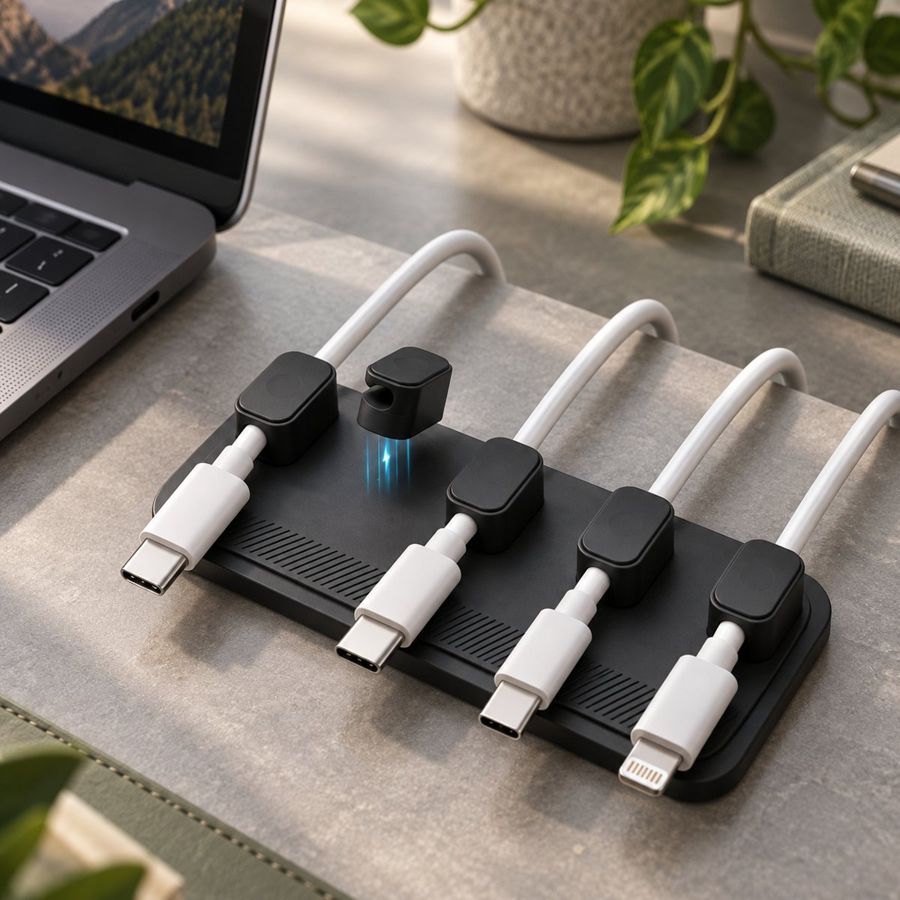 Magnetic cable holder keeping charging cables organized on a desk next to a laptop