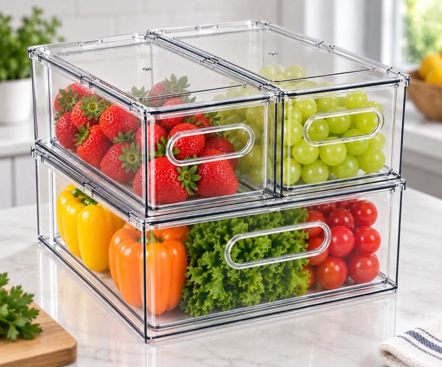 Clear stackable organizer bins filled with fresh produce on a kitchen counter